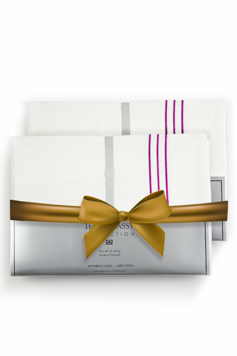 400TC COTTON SATEEN PILLOW CASE SET ( 3 ROWS ) WHITE / FUCHIA