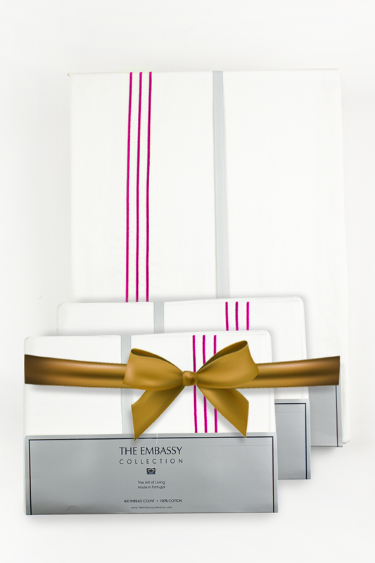 400TC COTTON SATEEN KING DUVET COVER SET ( 3 ROWS ) WHITE / FUCHIA