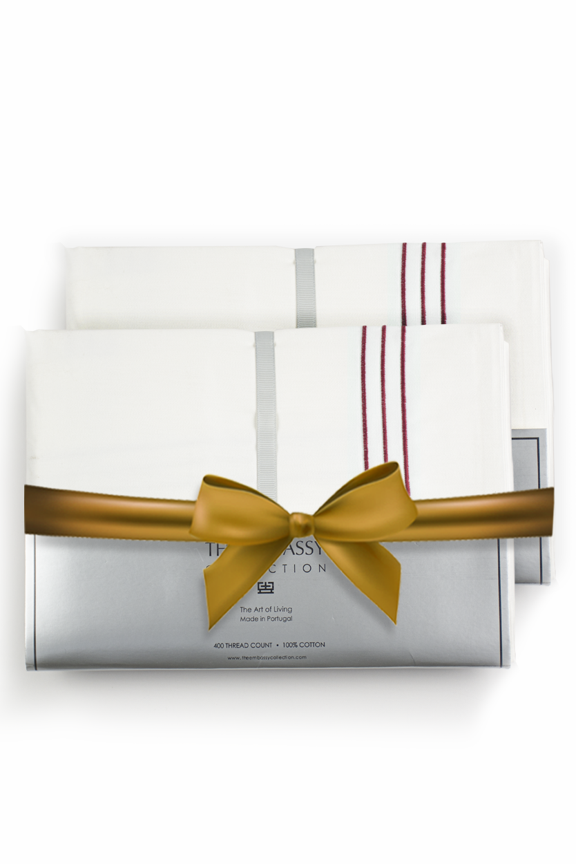 400TC COTTON SATEEN PILLOW CASE SET ( 3 ROWS ) WHITE / RED