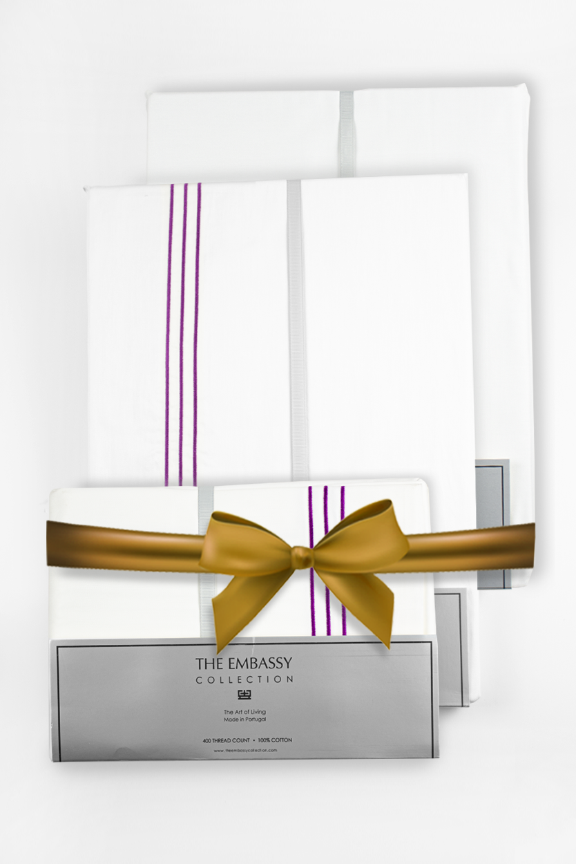 300TC COTTON SATEEN DUVET COVER SET ( 3 ROWS ) WHITE / VOILET