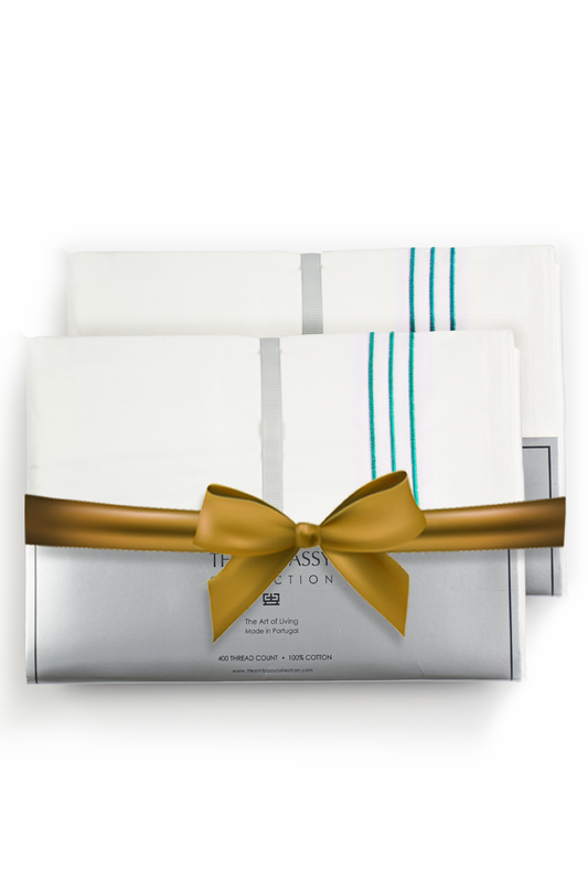 400TC COTTON SATEEN PILLOW CASE SET ( 3 ROWS ) WHITE / TIFFANY