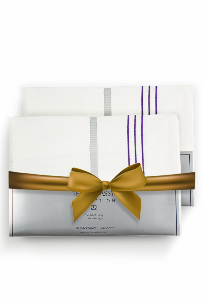 400TC COTTON SATEEN PILLOW CASE SET ( 3 ROWS ) WHITE / VIOLET