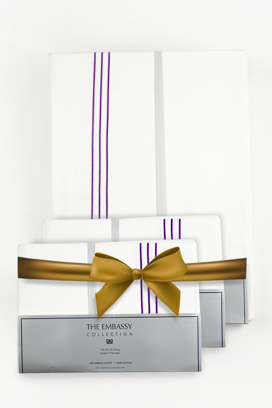 400TC COTTON SATEEN KING DUVET COVER SET ( 3 ROWS ) WHITE / PURPLE