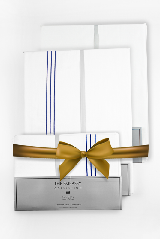 300TC COTTON SATEEN DUVET COVER SET ( 3 ROWS ) WHITE / BLUE