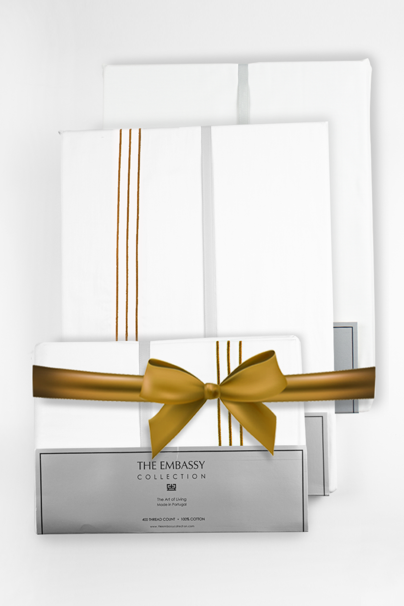 300TC COTTON SATEEN DUVET COVER SET ( 3 ROWS ) WHITE / GOLD