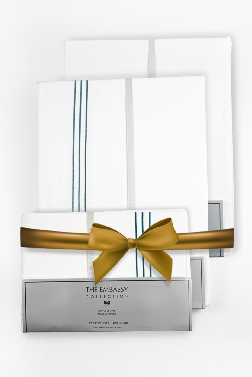 300TC COTTON SATEEN DUVET COVER SET ( 3 ROWS ) WHITE / GREEN