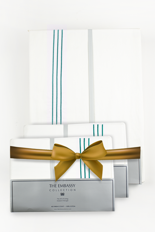 400TC COTTON SATEEN KING DUVET COVER SET ( 3 ROWS ) WHITE / TIFFANY