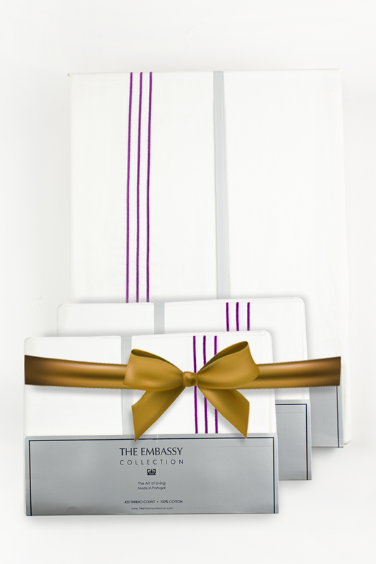 400TC COTTON SATEEN KING DUVET COVER SET ( 3 ROWS ) WHITE / VOILET