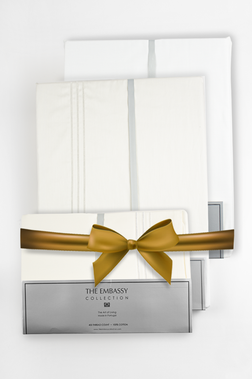 300TC COTTON SATEEN DUVET COVER SET ( 3 ROWS ) WHITE / WHITE